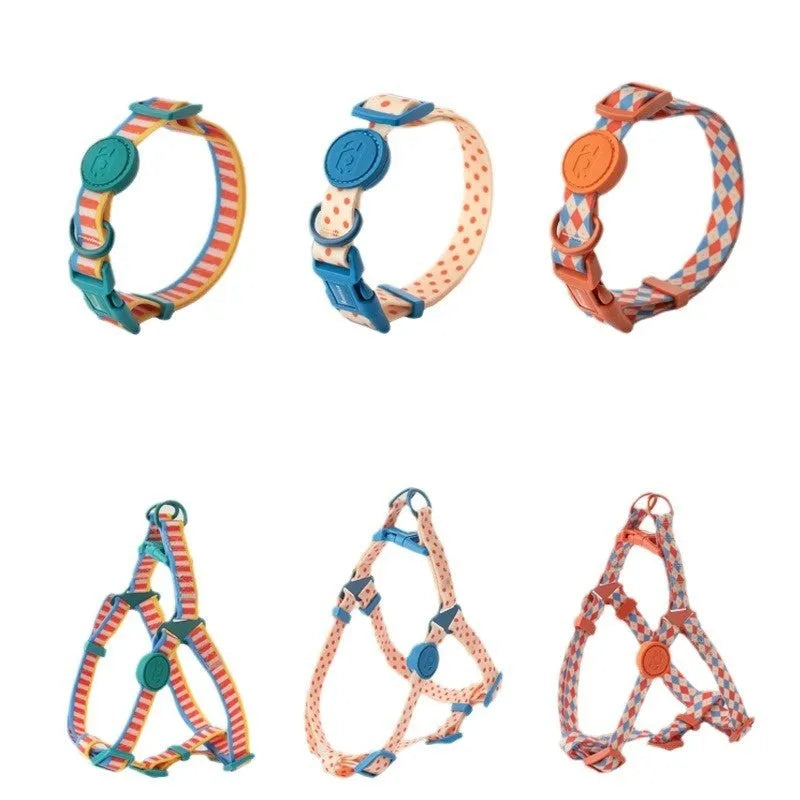 Retro dog collar and chest back harness set for small and medium dogs with hand-holding rope in multiple colours