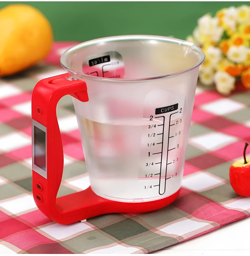 Green electronic kitchen scale measuring cup with LCD display in handle