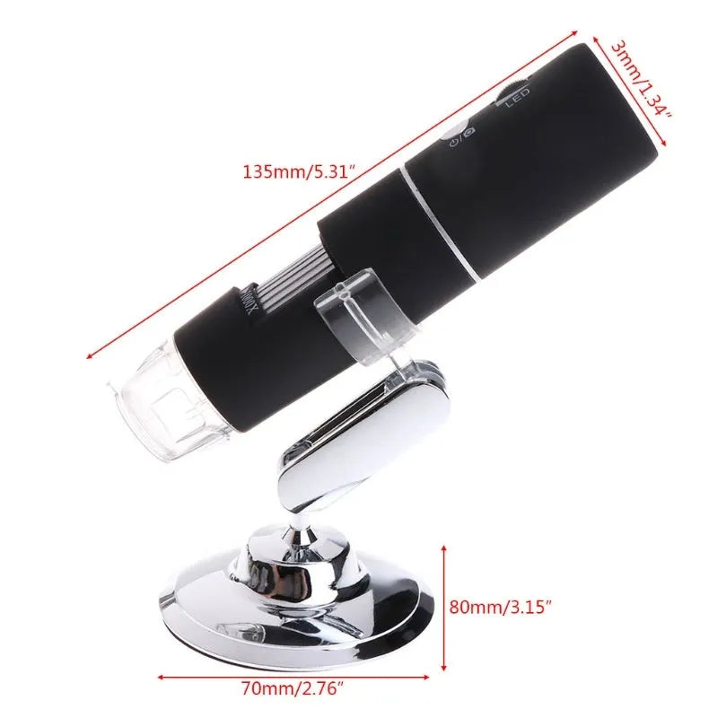 Black microscope magnifier camera phone bracket with 8 LED lights and 1.5m cable on a laboratory bench