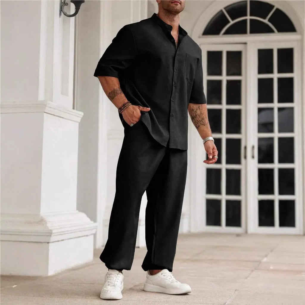Men's cotton linen casual shirt and trouser set in apricot colour for spring leisure wear