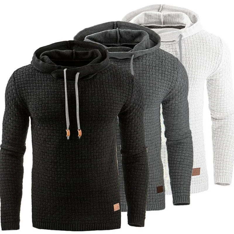 Men's jacquard hoodie long sleeve pullover casual solid colour cotton blend sweatshirt