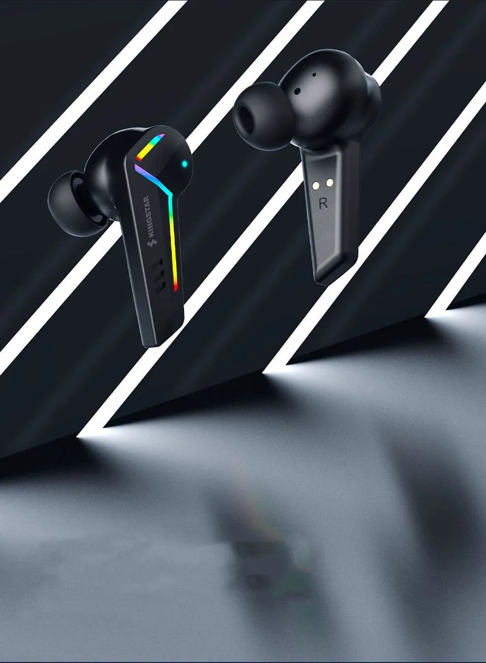 Small black TWS Bluetooth sports headset with low-latency gaming features.