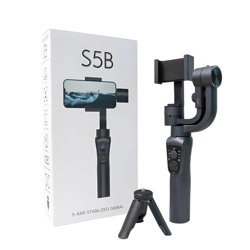 Black S5/S5B three-axis handheld gimbal stabiliser for mobile phones with hard case and tripod