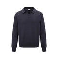 Loose fit long sleeve pullover sweater in black, dark grey, and cream colours on a hanger.