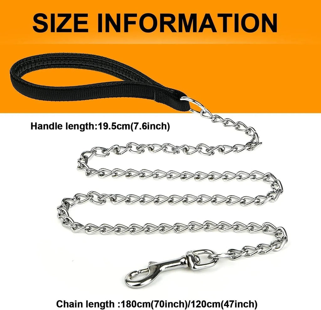 Heavy-duty metal chain dog leash with a soft black padded handle, shown with a red colour option.