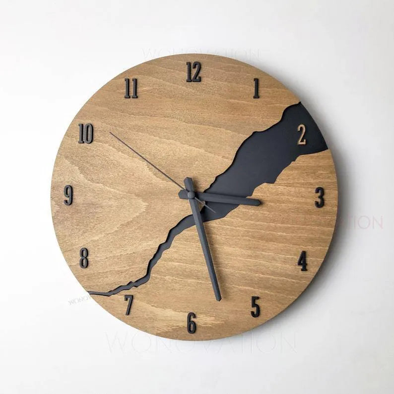 Modern wooden wall clock with cracked finish design showing five style variations