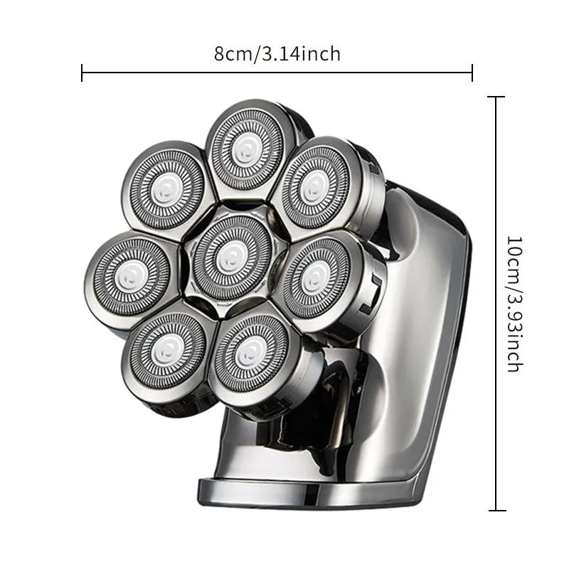 Eight-knife electric shaver with five-in-one attachments, LED display, floating cutter head, and USB charging cable