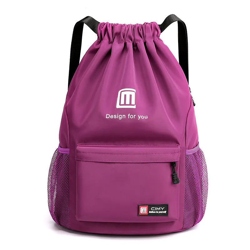 Water-repellent Oxford travel backpack with drawstring closure in black colour showing bucket shape and double shoulder straps