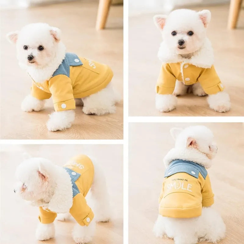 Yellow denim patchwork puppy coat for small to medium dogs with Sherpa fleece lining
