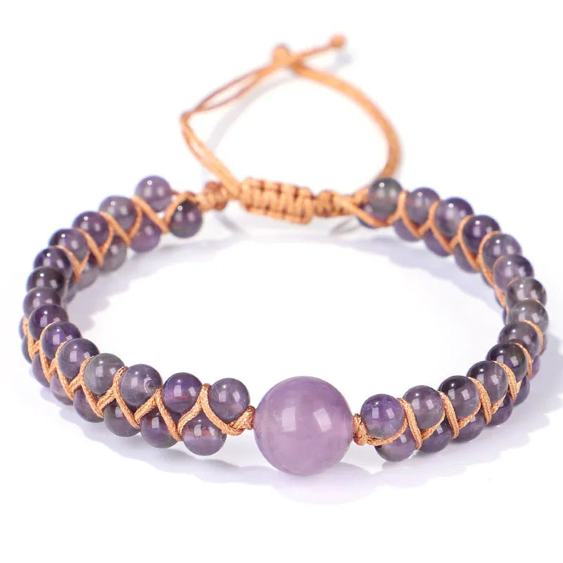 Handmade woven geometric pull bracelet in Tigereye stone showing blue and amethyst colour options