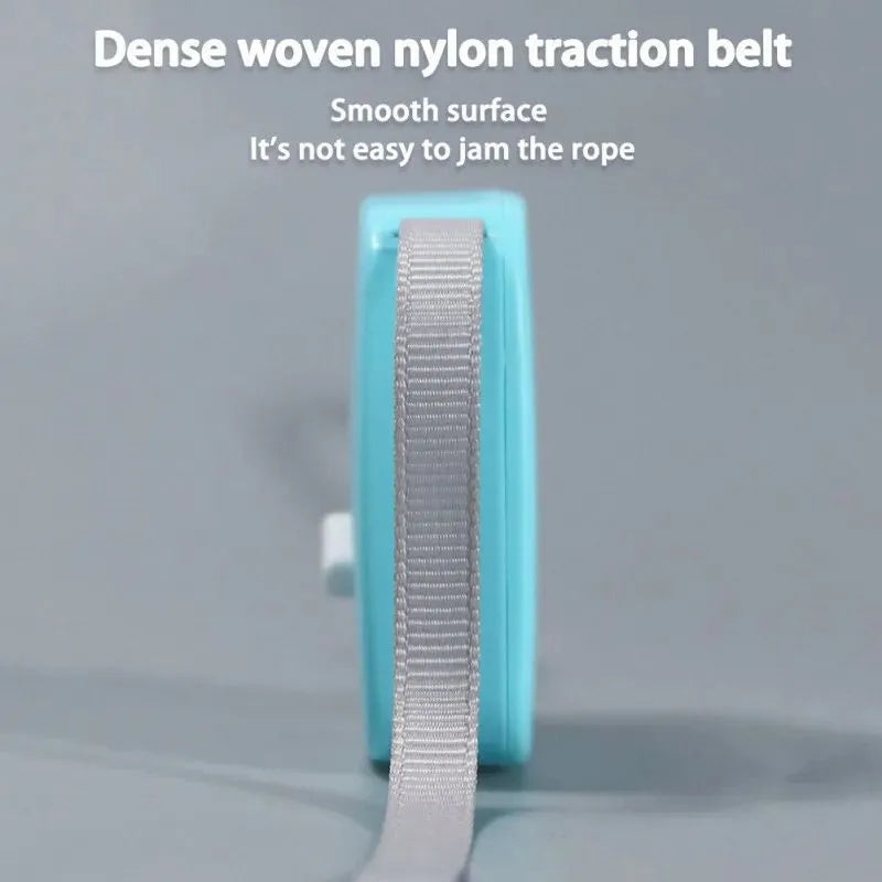 Retractable dog lead with 2m nylon tape, lock button, and non-slip handle in white, pink, or blue.