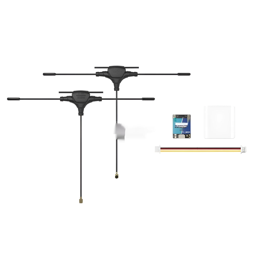 GEPRC GAP F7 Dual-frequency ELRS receiver unit with two T-shaped antennas and installation accessories.