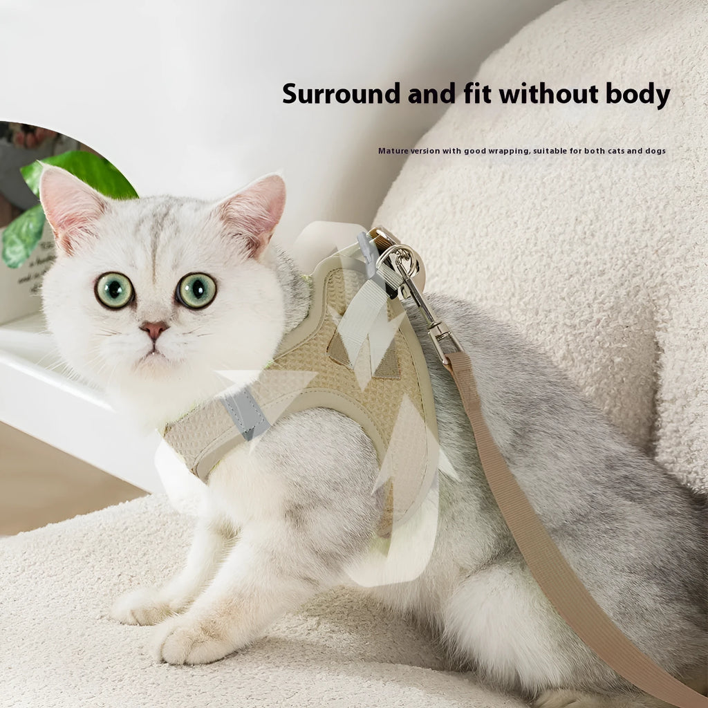 Brown cloth cat harness with waffle-textured pulling rope and adjustable chest strap