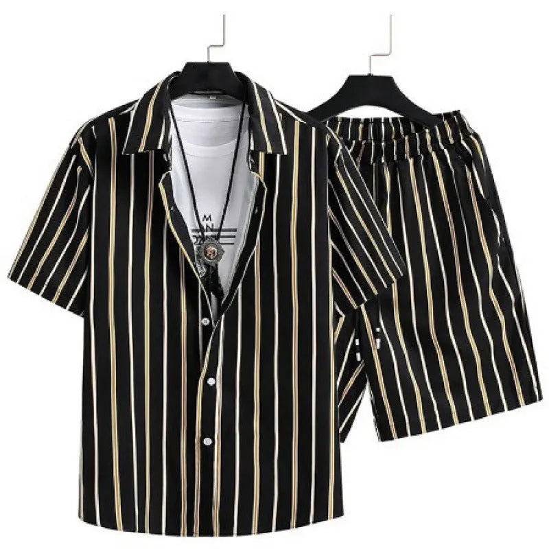 Man wearing a matching short sleeve cardigan and shorts set in a digital print pattern.