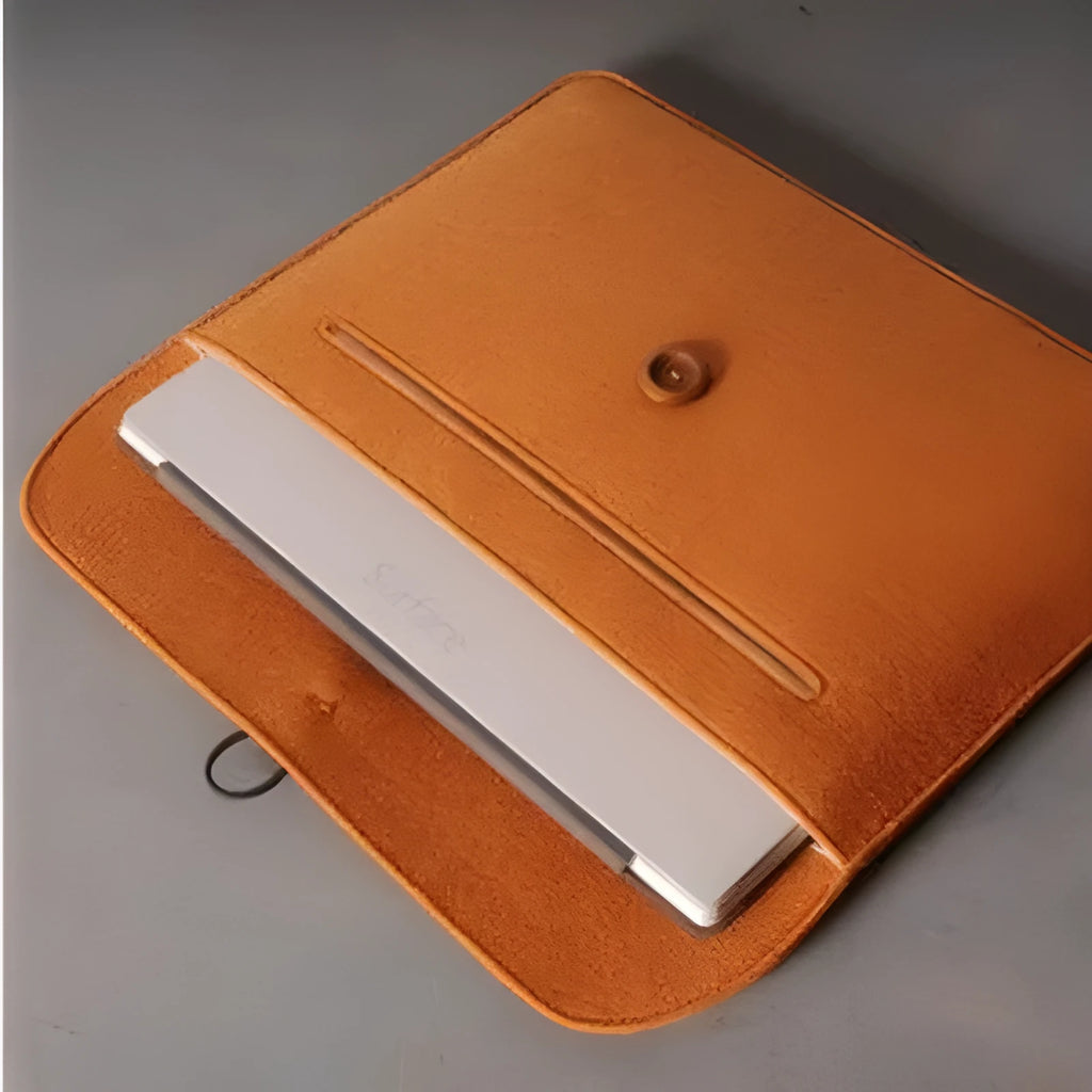 Gray felt laptop bag compatible with MacBook and tablet computers, open and ready