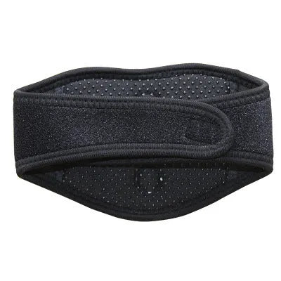 Black self-heating magnetic therapy neck guard showing adjustable strap.