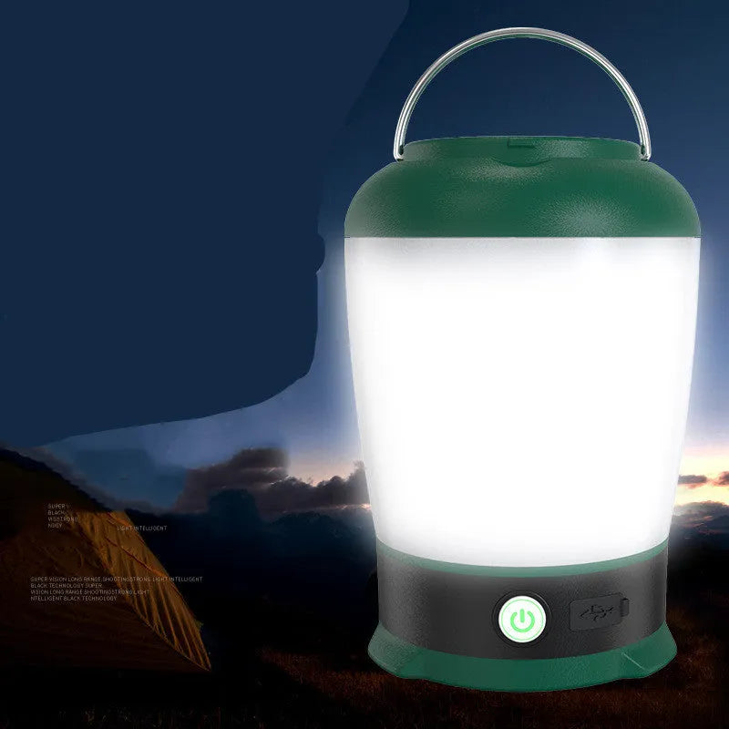 Green ABS plastic camping light, 14.5cm by 14.5cm, 5W 350LM, USB rechargeable with three-stage mode