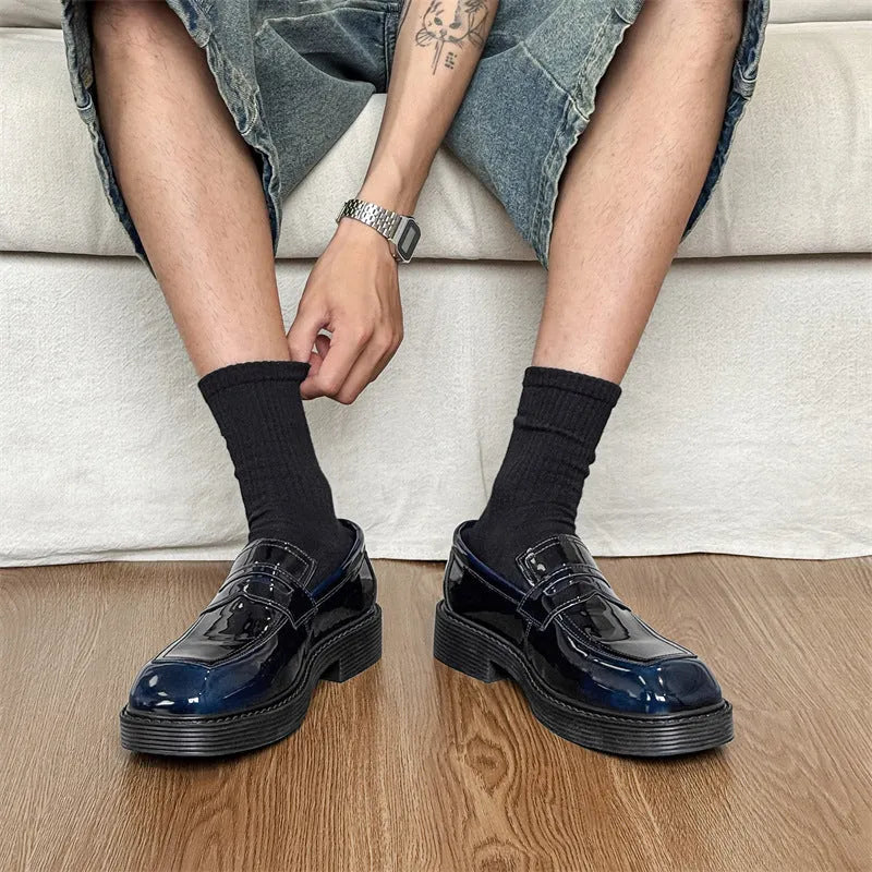 Hong Kong style thick-soled leather shoes for men with square toe, rubber sole, and microfiber lining, sizes 38-46