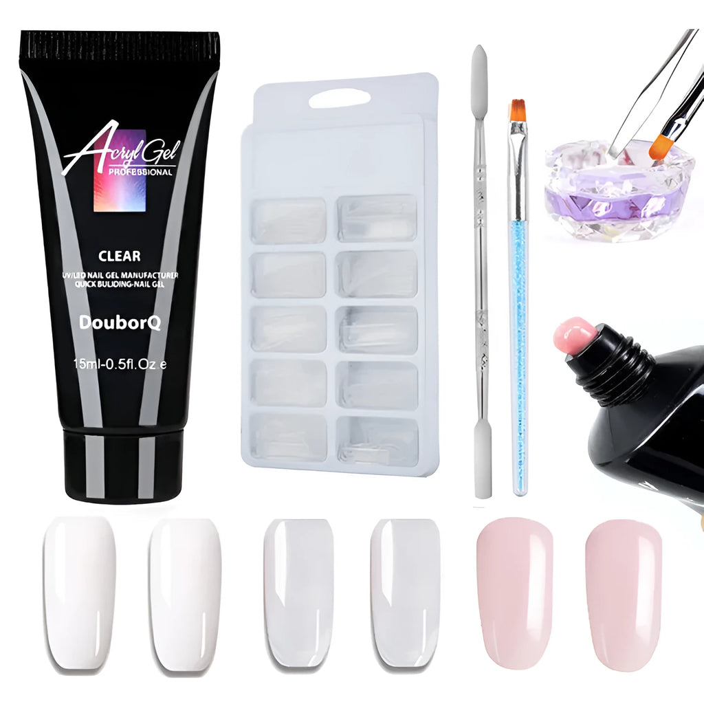 Clear nail polish art kit with resin gel, sponge, brush, and nail sticker for DIY manicure