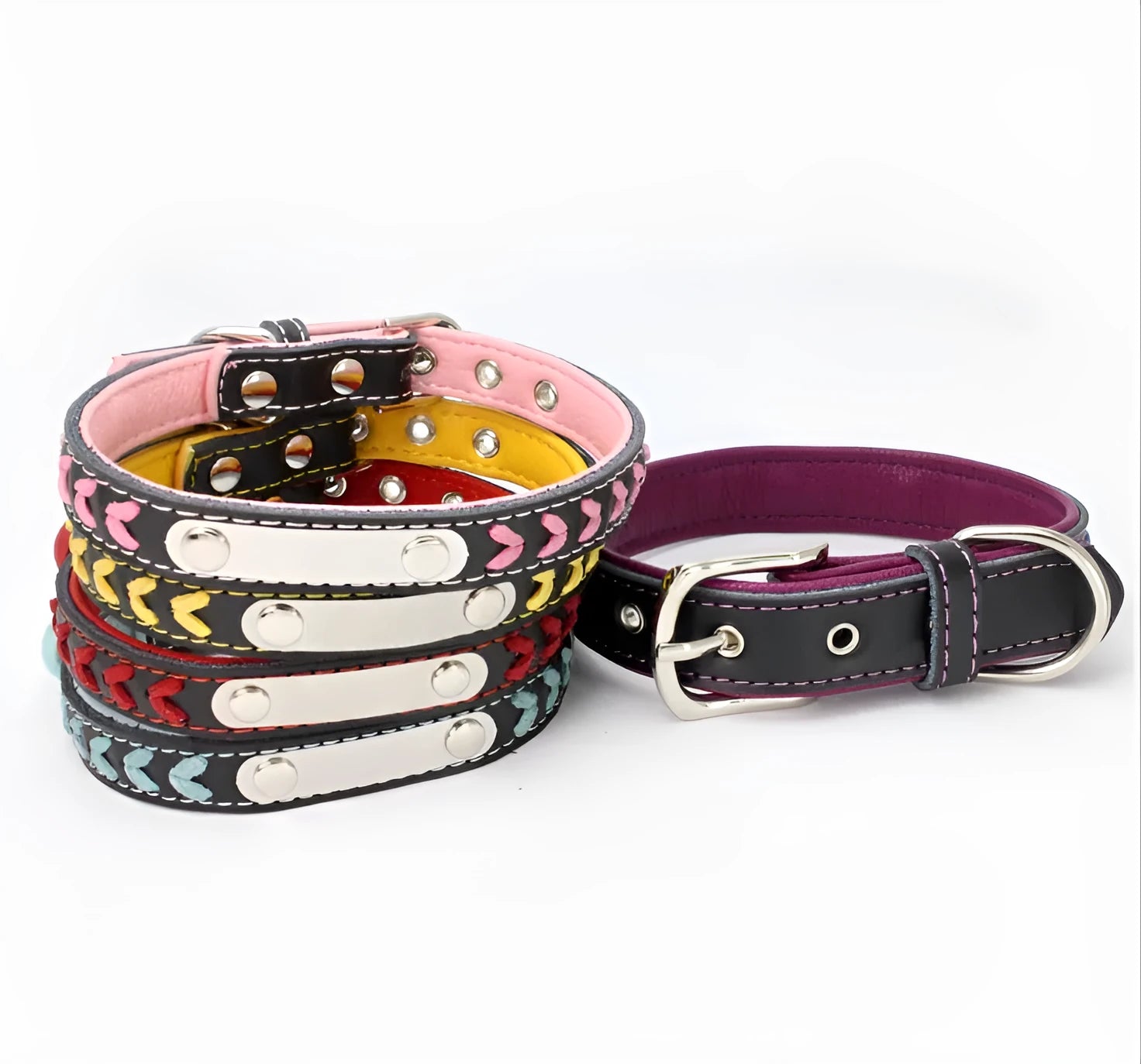 Stainless steel iron dog collar with laser lettering on genuine leather strap, available in blue, pink, purple, red and yellow