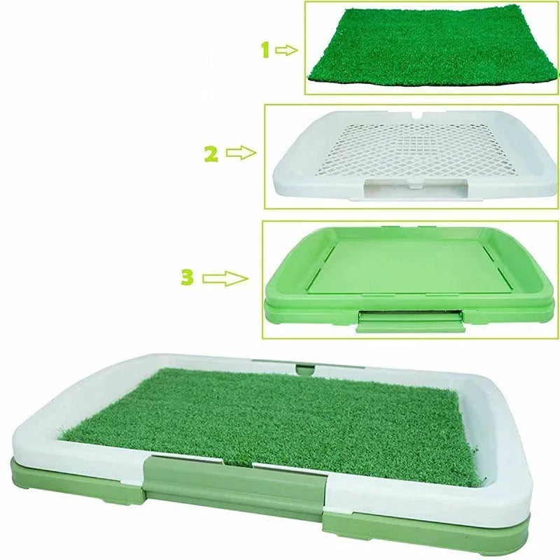 Green dog cleaning tool grid lawn flat toilet with press-button, removable grid, and antibacterial carpet, 46.5x34.5x6.5cm