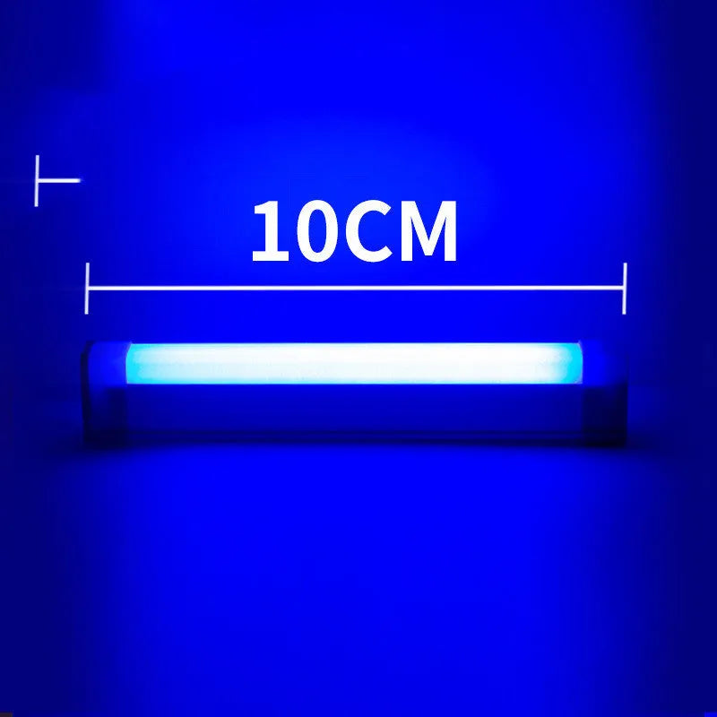 Rechargeable dimmable LED fill light tube in blue and purple colours with USB charging cable