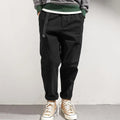 Men's Japanese-style retro loose tapered casual pants in solid colour, wool blend, mid waist, available in dark blue khaki dark brown army green black