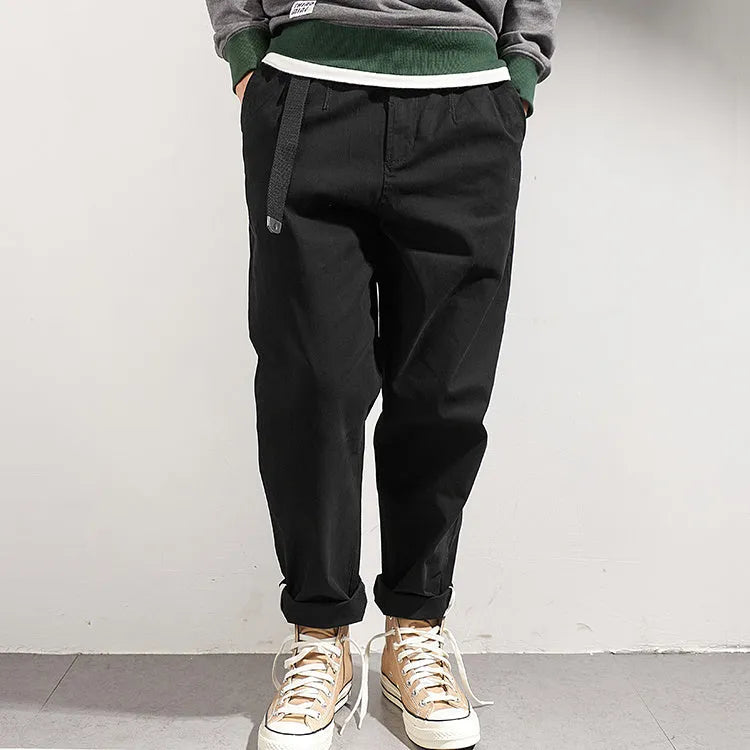 Men's Japanese-style retro loose tapered casual pants in solid colour, wool blend, mid waist, available in dark blue khaki dark brown army green black