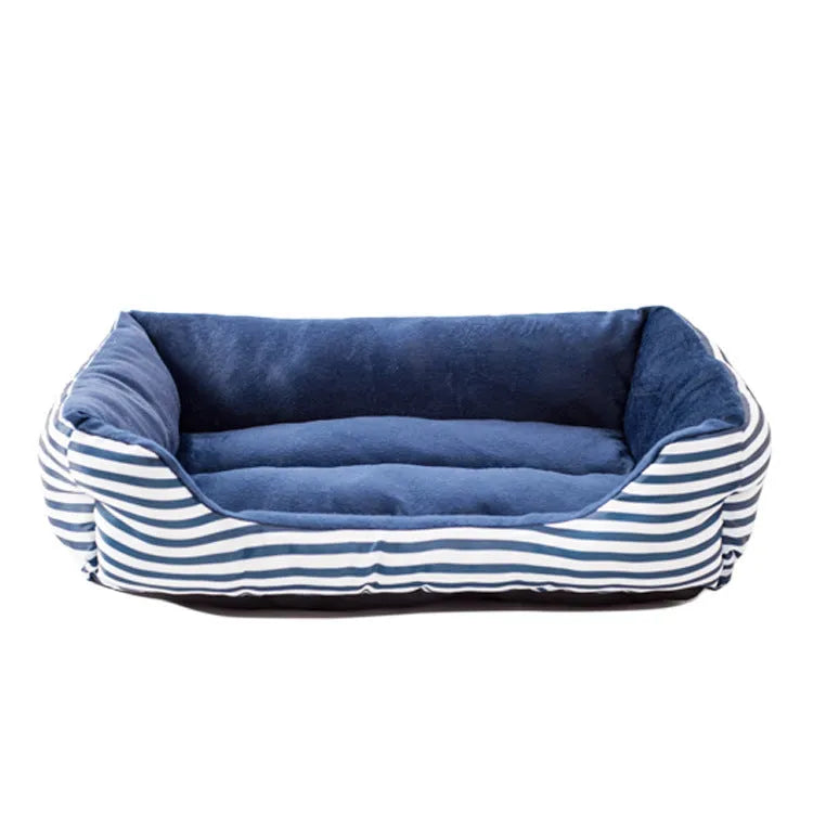Canvas and Short Plush Retro Square Pet Nest - Luxurious Pet Sofa Bed with Monochrome Stripes - Blue and White or Red and White Options - French Vintage Style - Available in Small, Medium, and Large Sizes