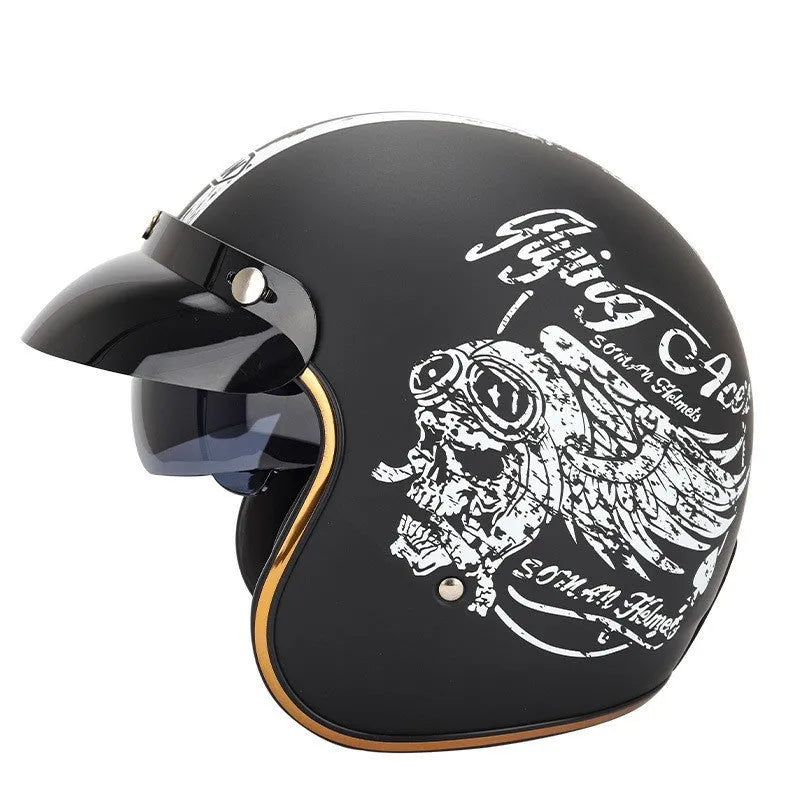 Retro outdoor half helmet for electric bike riding in ABS plastic, shown in multiple colours and sizes.