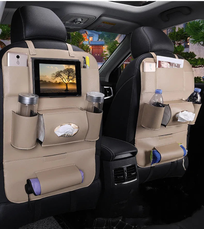Leather car seat back hanging bag in classic style available in multiple colours for car storage organisation