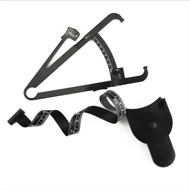 Black ABS body fat caliper instrument with measurement scale and pinching mechanism.