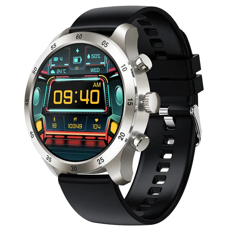 Black Bluetooth smart watch with touch screen displaying heart rate, on a grey silicone strap.