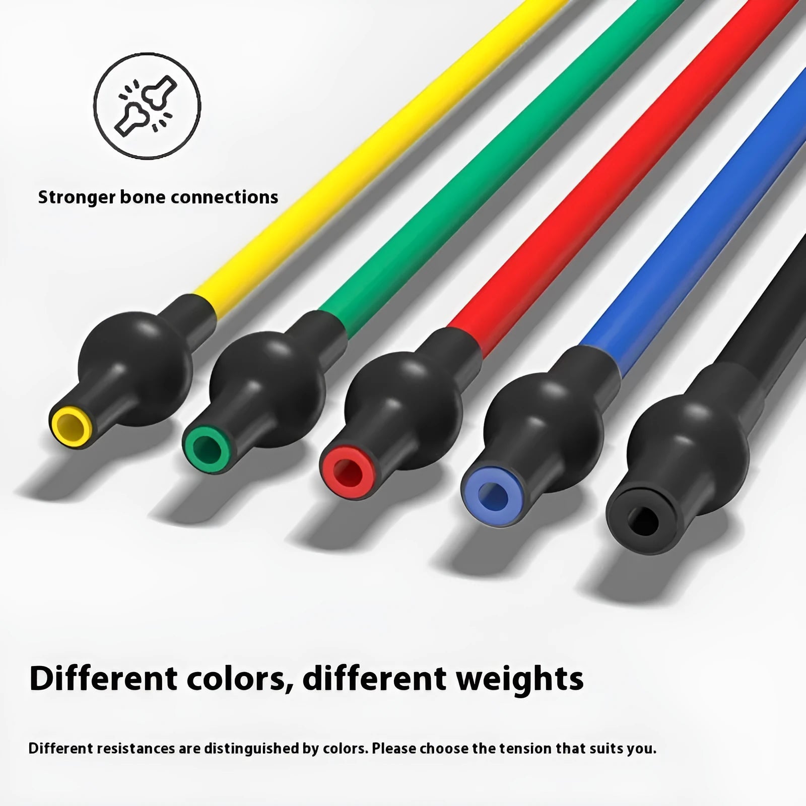 Adjustable TPE chest expander in five colours: yellow, green, red, blue, and black, each representing a different resistance weight.