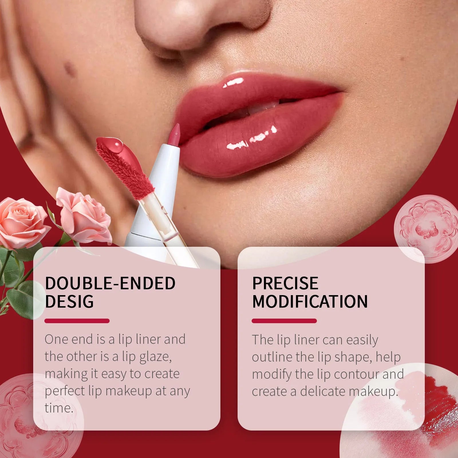 Double-headed lip pen showing lip liner on one end and liquid lacquer applicator on the other