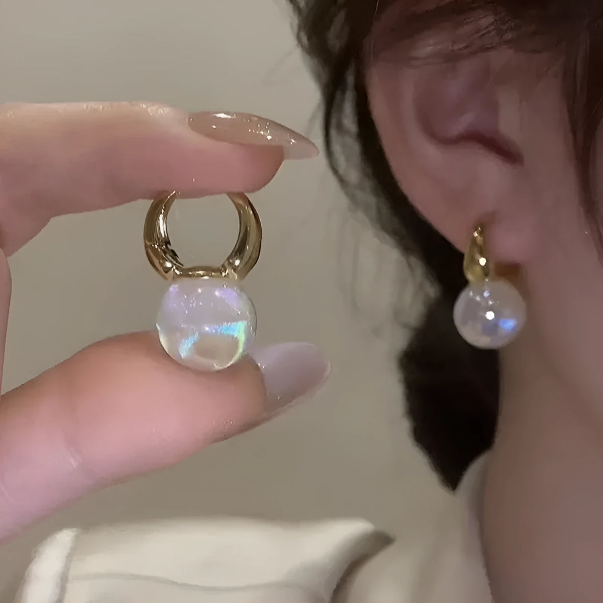 Mermaid pearl earrings for women, clip-on style, 14K gold plated copper, U-shaped, white colour