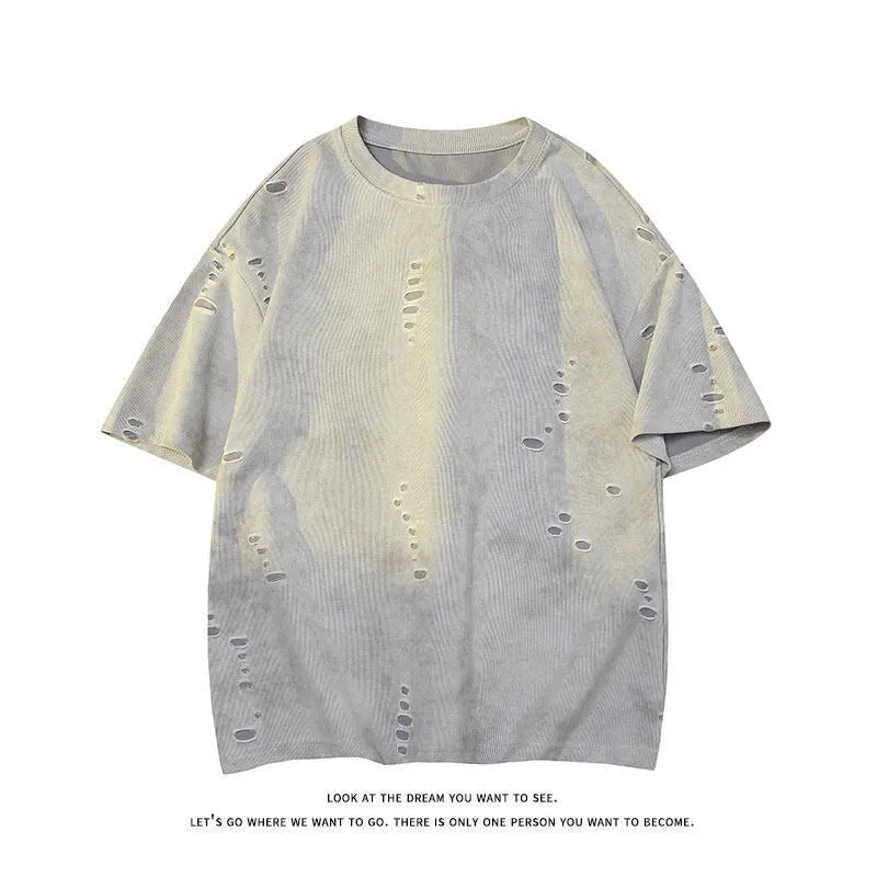 Men's loose blue cotton blend short sleeve t-shirt on a hanger