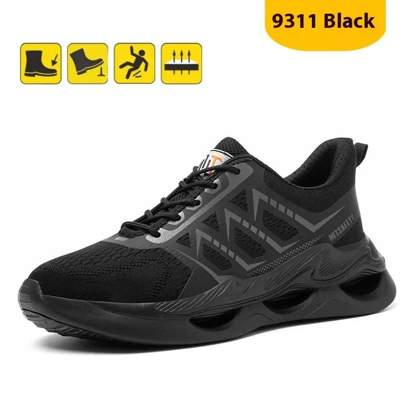 Black steel toe cap safety shoes with flat knitted uppers and rubber soles on a work surface
