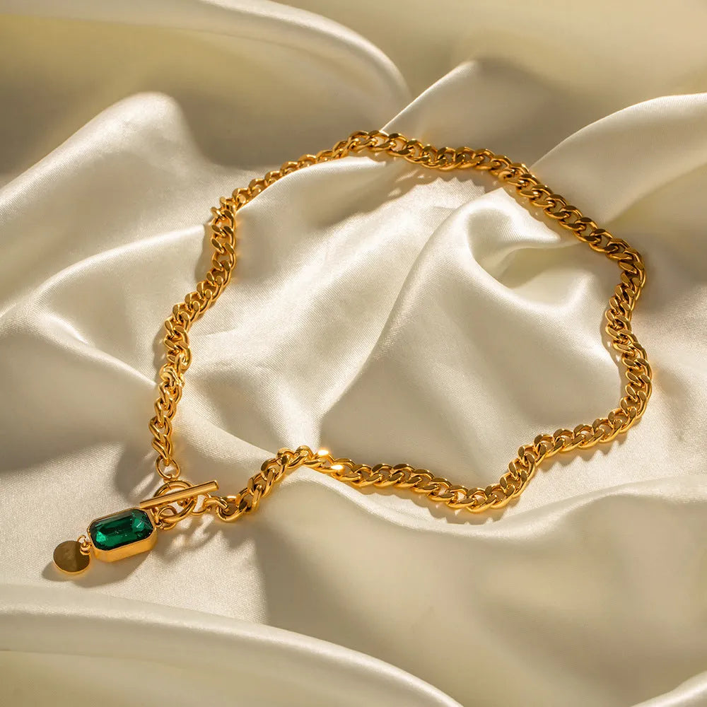 Gold electroplated zircon pendant necklace with geometric round design on titanium steel chain
