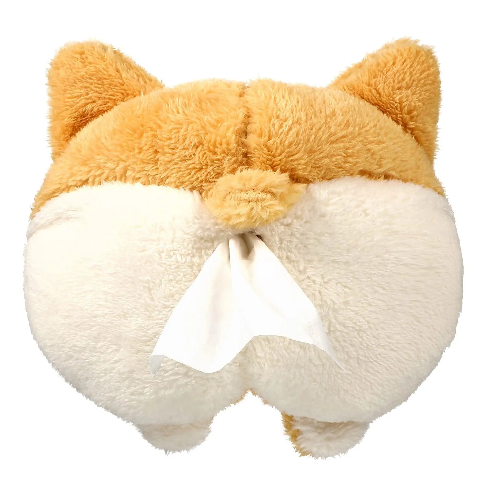 Yellow plush corgi butt-shaped tissue box cover with elastic strap for car sun visor