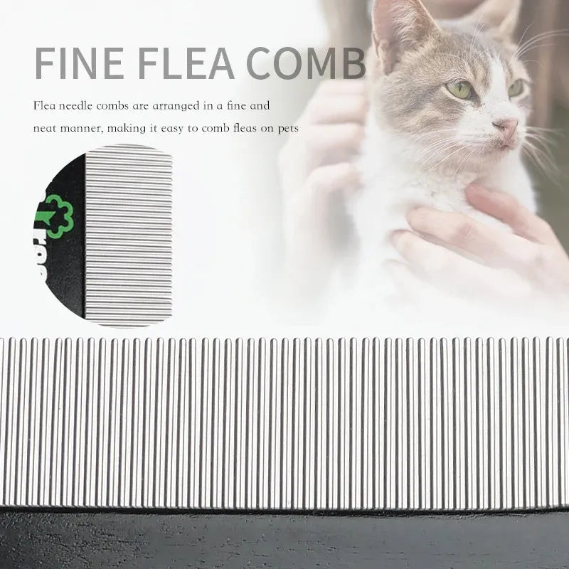 Black double-sided pet grooming comb with wood handle and stainless steel teeth