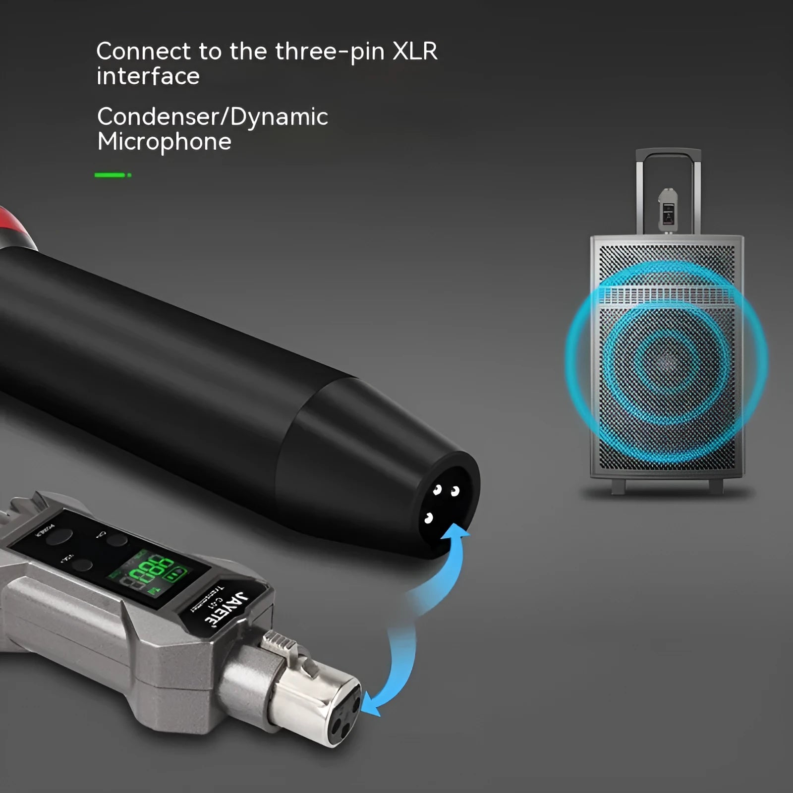 Moving coil microphone converter wireless transmission receiver set with transmitter, receiver, converter head, and charging cable