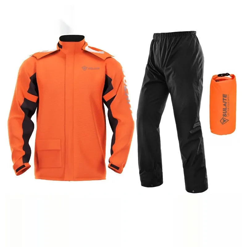 Adult motorcycle rain suit set in black, including raincoat, rain trousers, hidden shoe covers, and a storage bag.