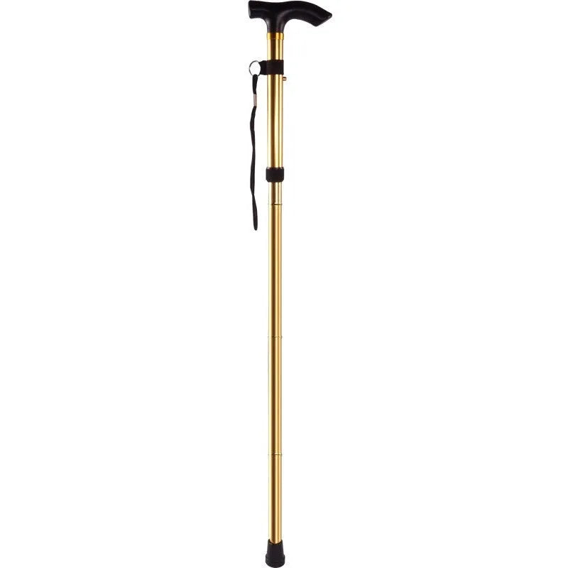 Aluminium folding walking stick extended to show adjustable shaft and non-slip rubber tip.