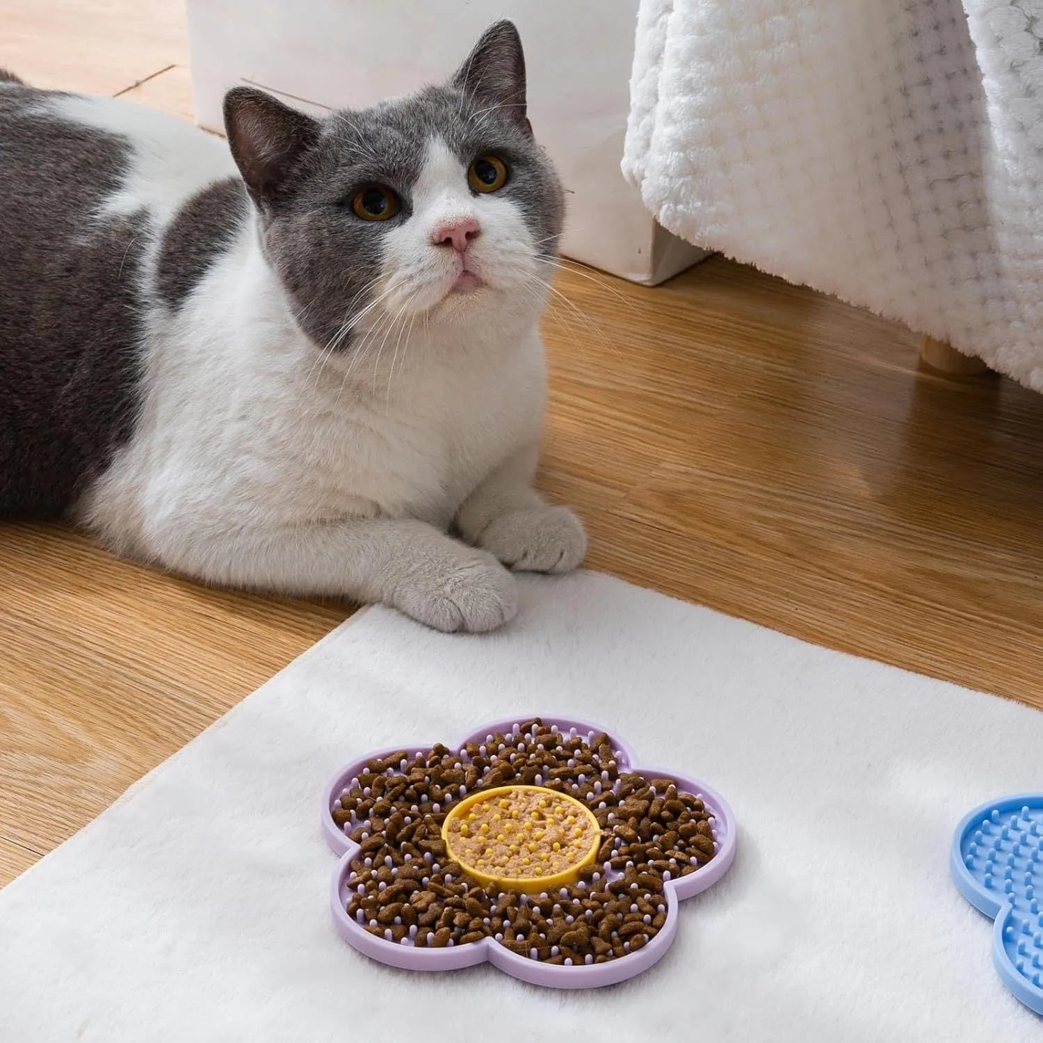 Flower-shaped silicone lick mat for dogs and cats with suction cups on a blue background.