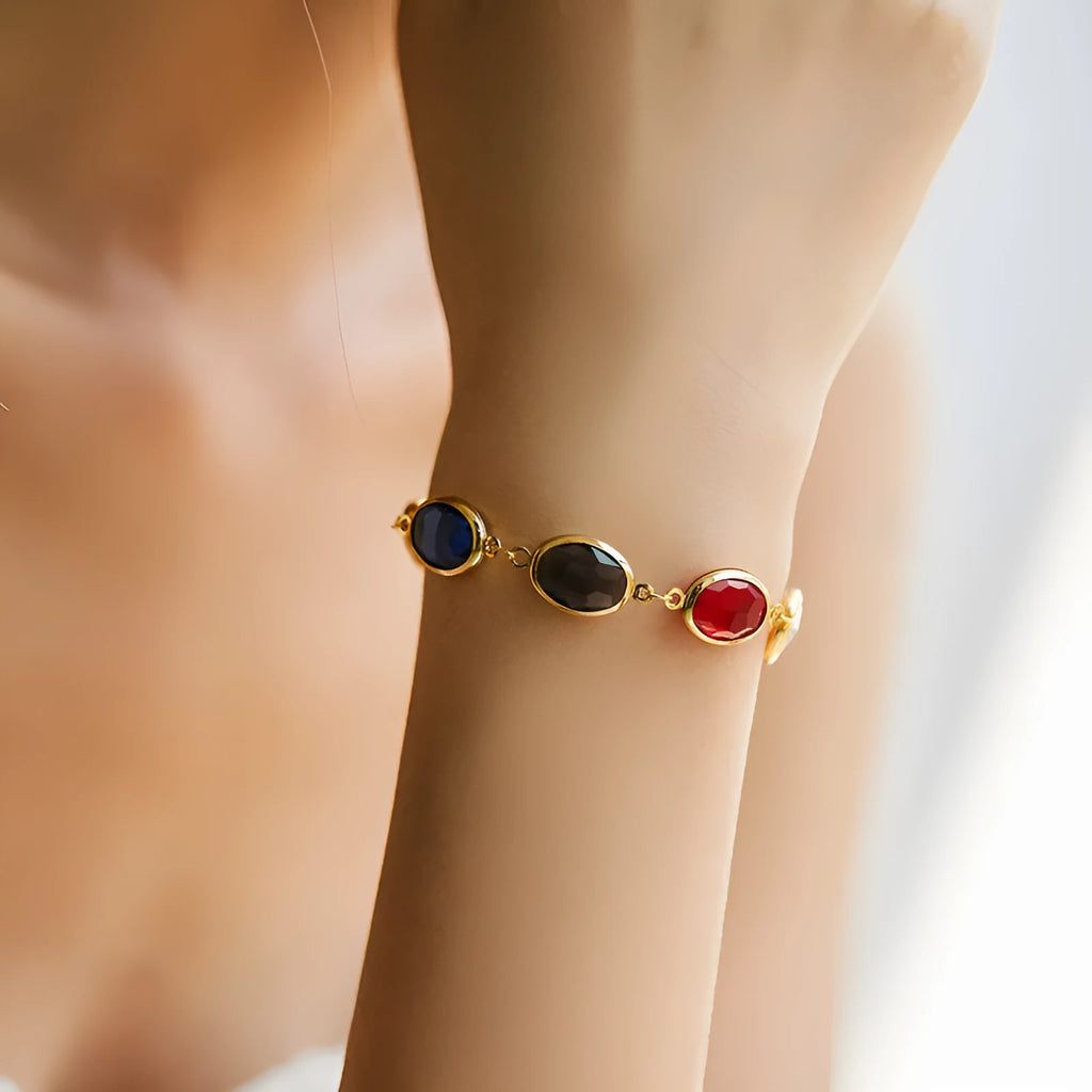 18K copper women's bracelet with elliptical geometry and blue green multicolor glass inlay