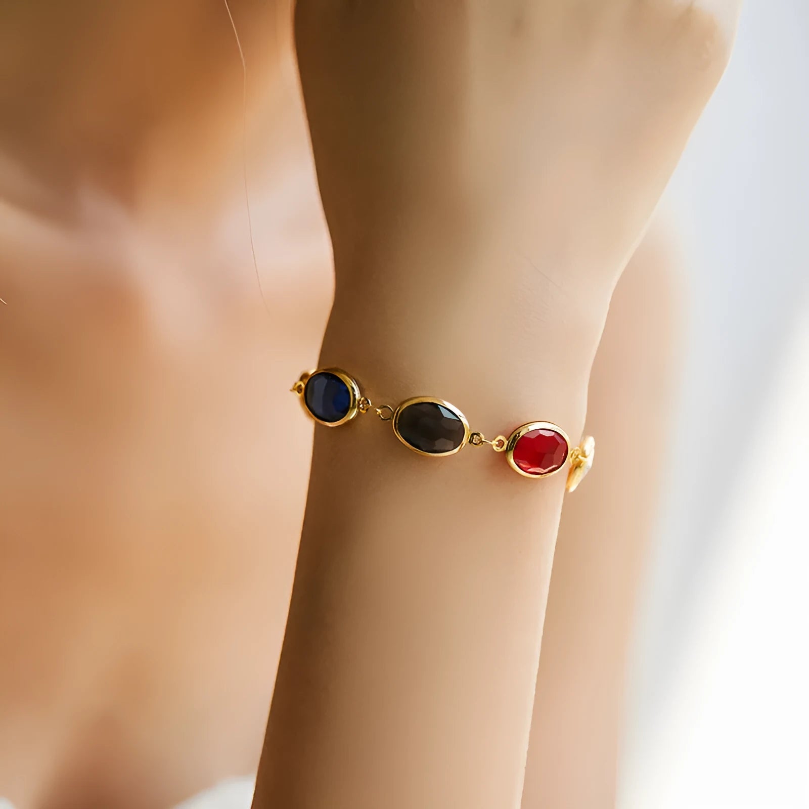 18K copper women's bracelet with elliptical geometry and blue green multicolor glass inlay