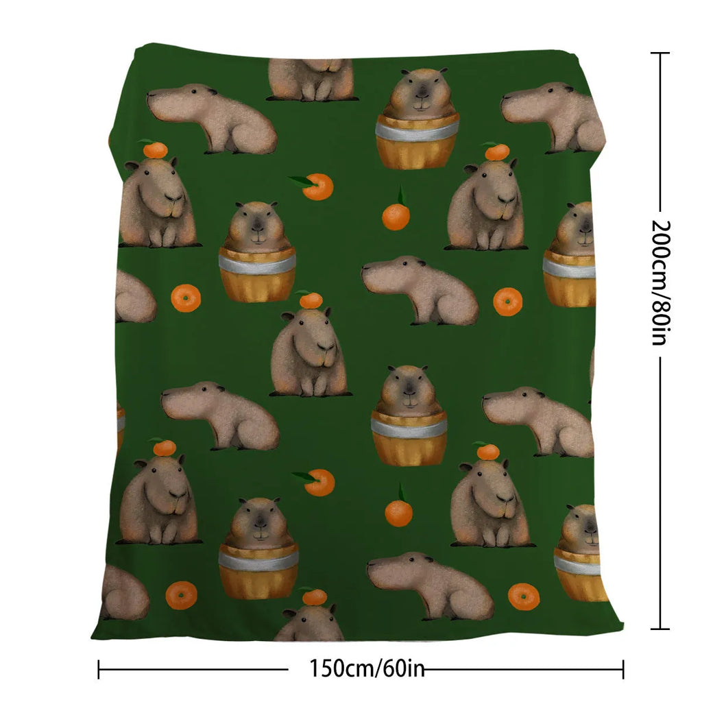 Orange and capybara pattern flannel fleece blanket in multicolour, soft fluffy throw for sofa, bed, camping and office naps