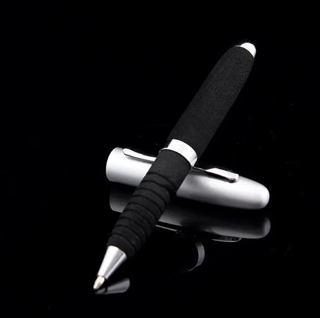 Metal ballpoint pen with EVA cap showing 1.0mm tip and compact 112mm length
