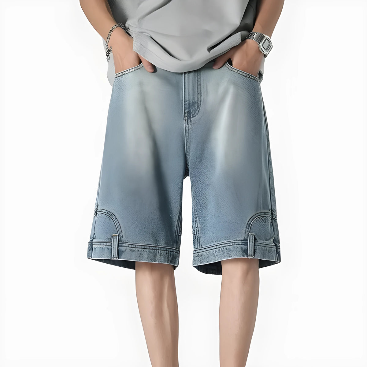 Men's blue loose straight Bermuda denim shorts with mid waist, cotton main fabric, sizes M to 5XL